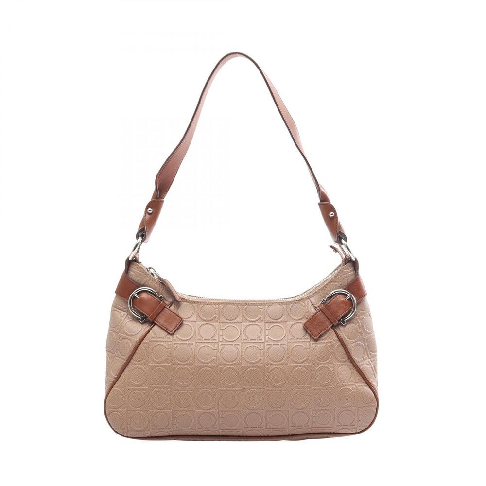 Salvatore Ferragamo Gancini Canvas Leather Shoulder Bag Pink Brown